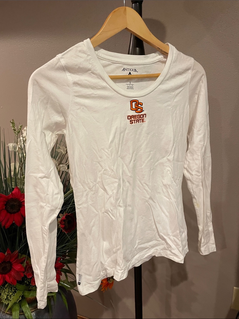 Antigua White Long-Sleeve Women's Oregon State Tee with Orange & Black Logo